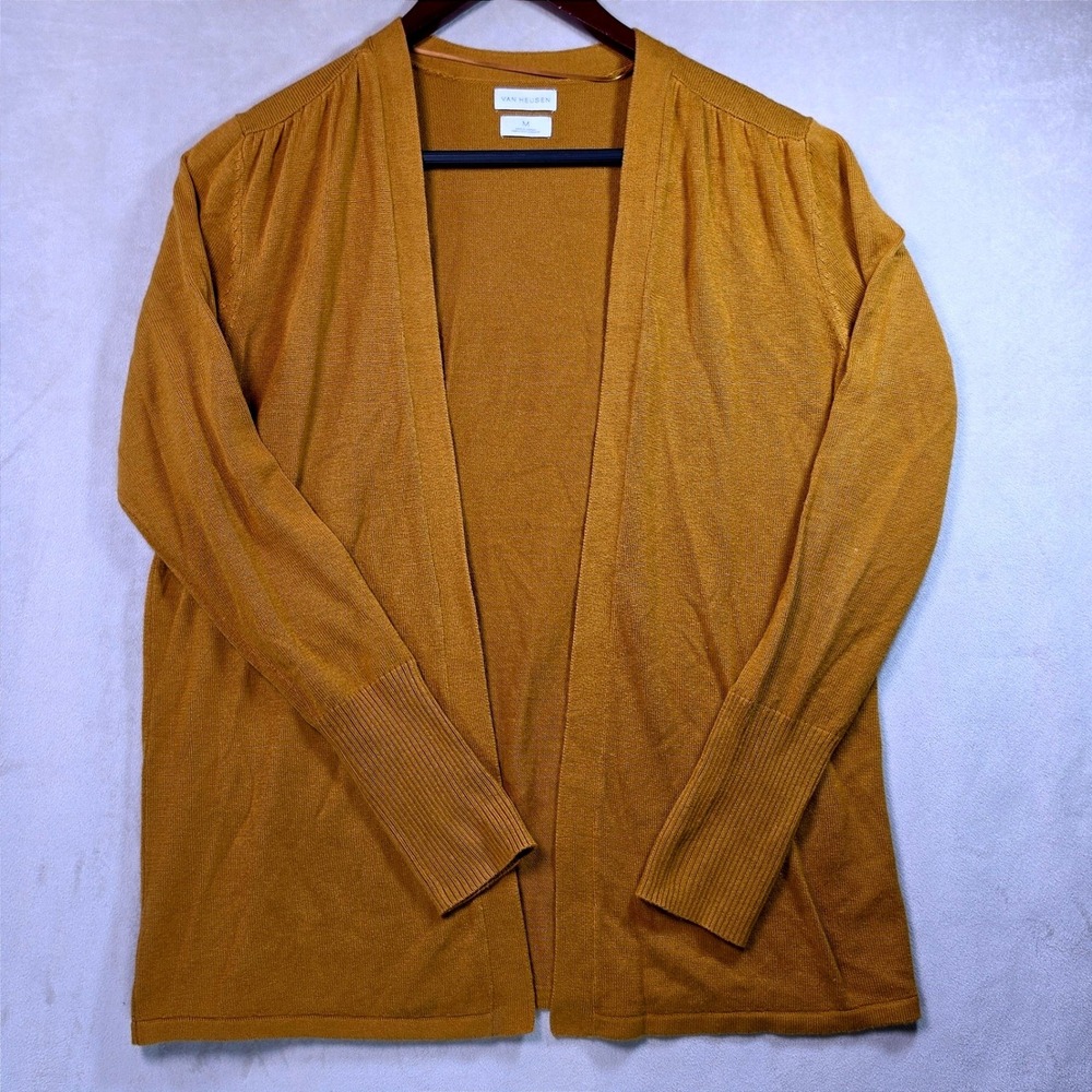 Van Heusen Womens Mustard Yellow Open Front Cardigan Sweater Ribbed Cuffs M